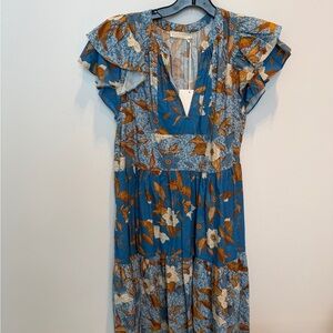 Ulla Johnson Blue and Brown Floral Midi Dress